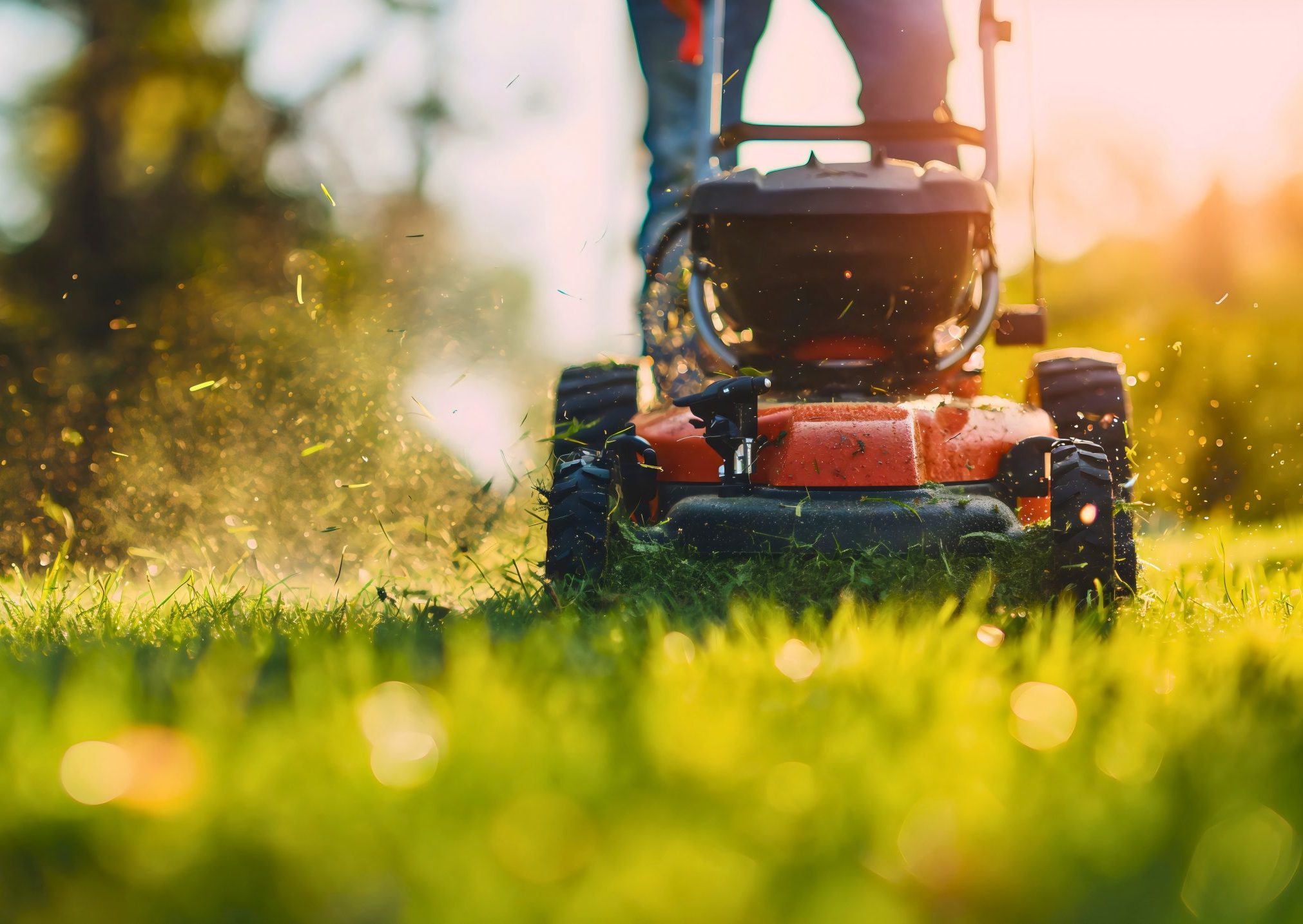 Low angle of a man pruning horticulture or hedge lawnmower machine cutting or trimming grass outdoors in his backyard on a sunny summer or spring day. House maintenance work or hobby, leisure activity Arbeitseinsatz an der Skihütte
